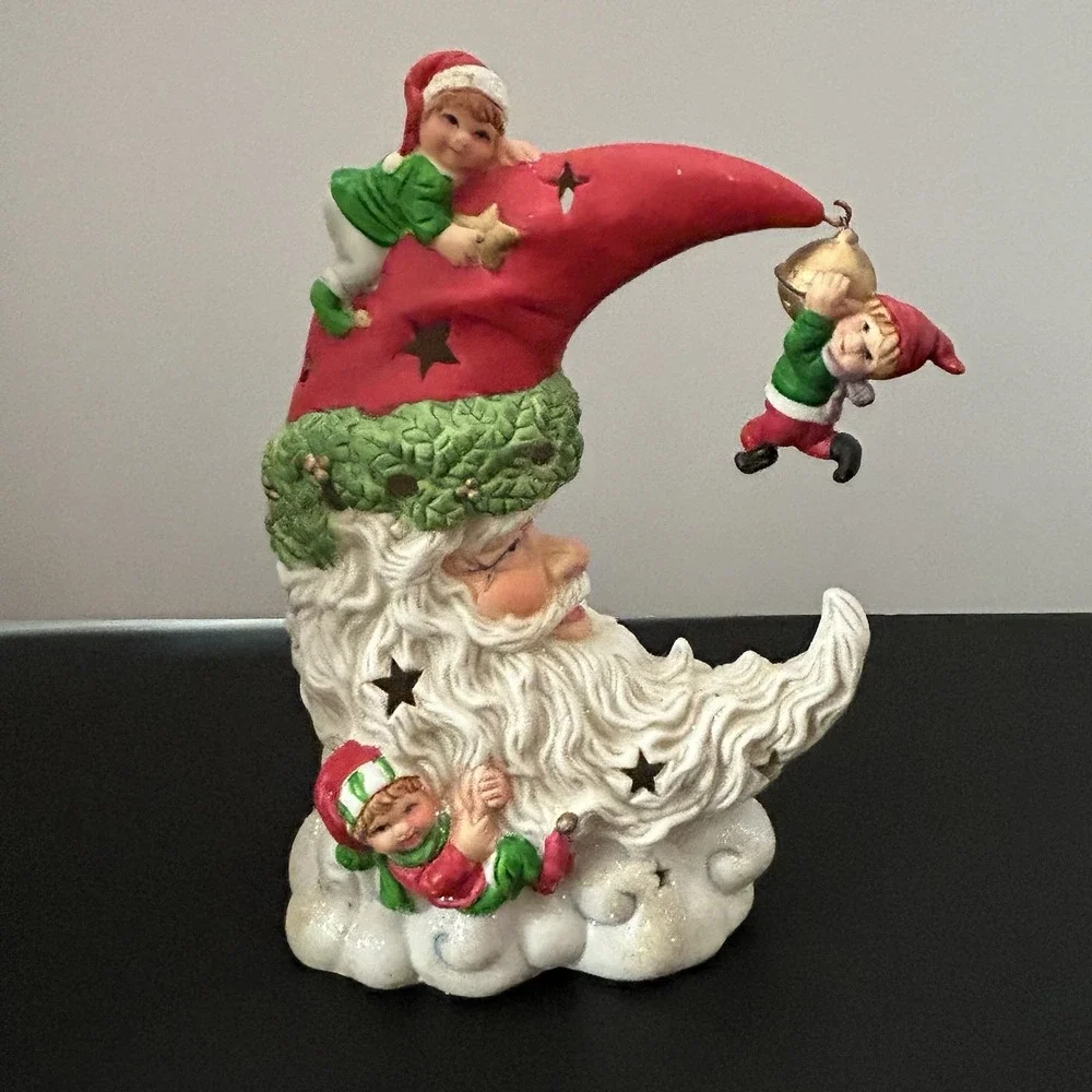 Light Up Ceramic Santa Moon Face With Elves‎ Christmas Decor Star Cutout